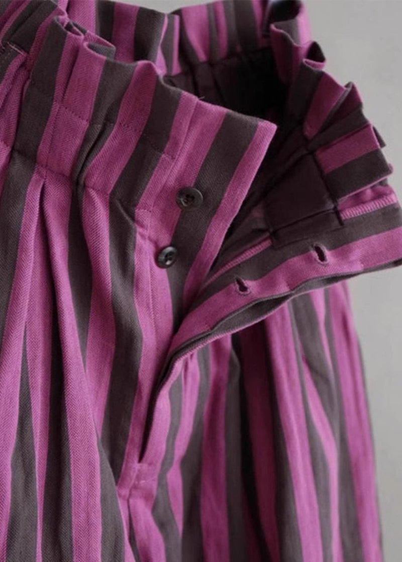 Purple Striped Elastic Waist Cotton Wide Leg Pants Summer