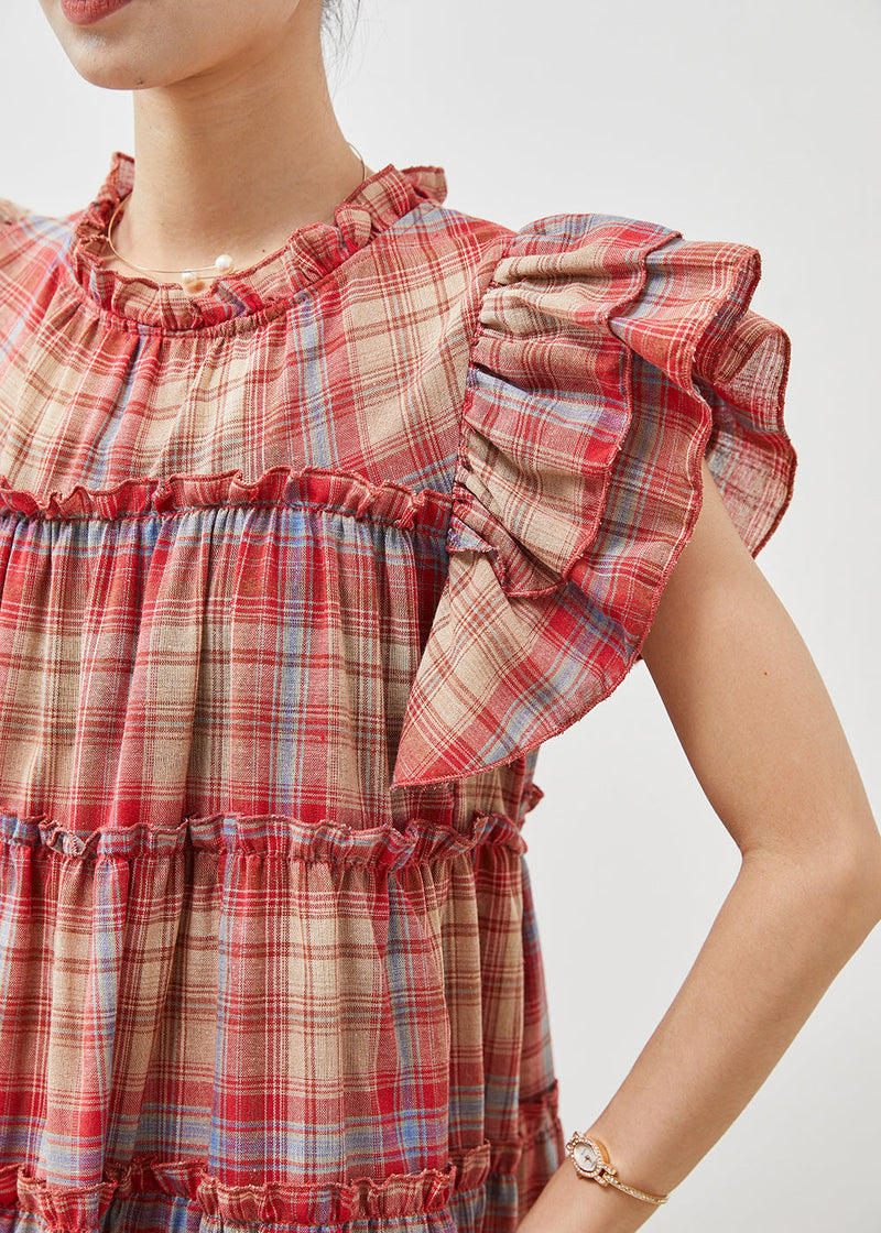 Red Ruffled Plaid Cotton Dresses Butterfly Sleeve
