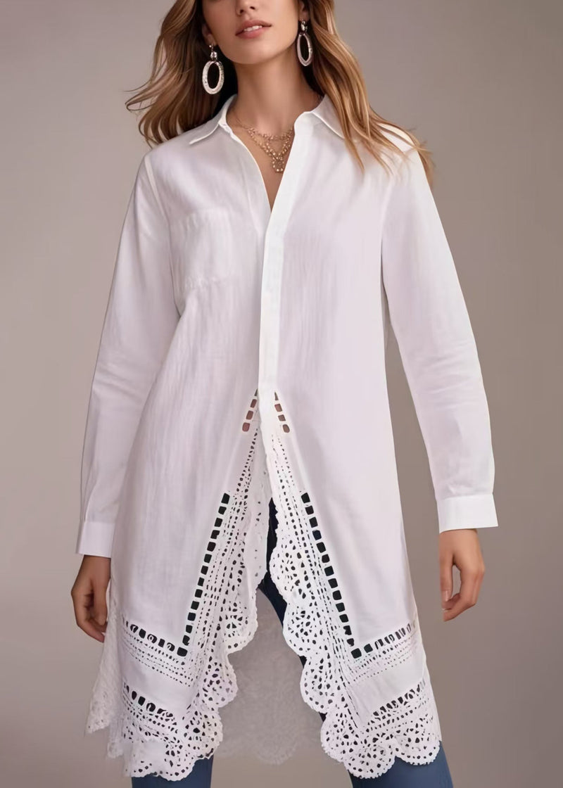 White Oversized Hollow Out Cotton Long Shirts Spring