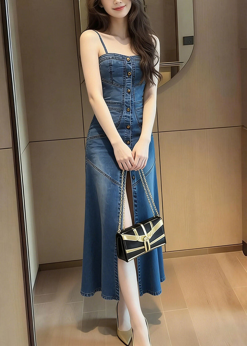 French Blue Side Open Denim Spaghetti Strap Dress Summer