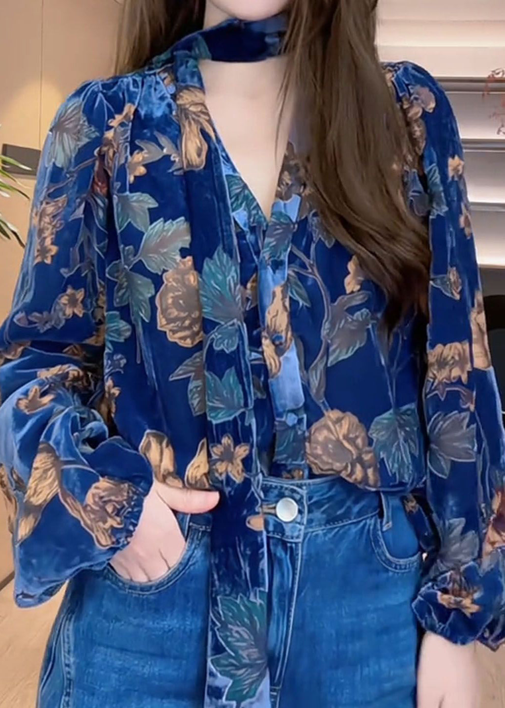 Original Design Blue V Neck Print Silk Velour Shirt Fall