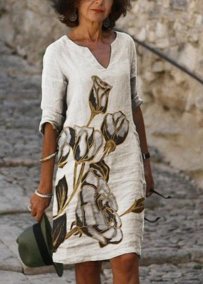Black V Neck Print Loose Cotton Mid Dresses Summer