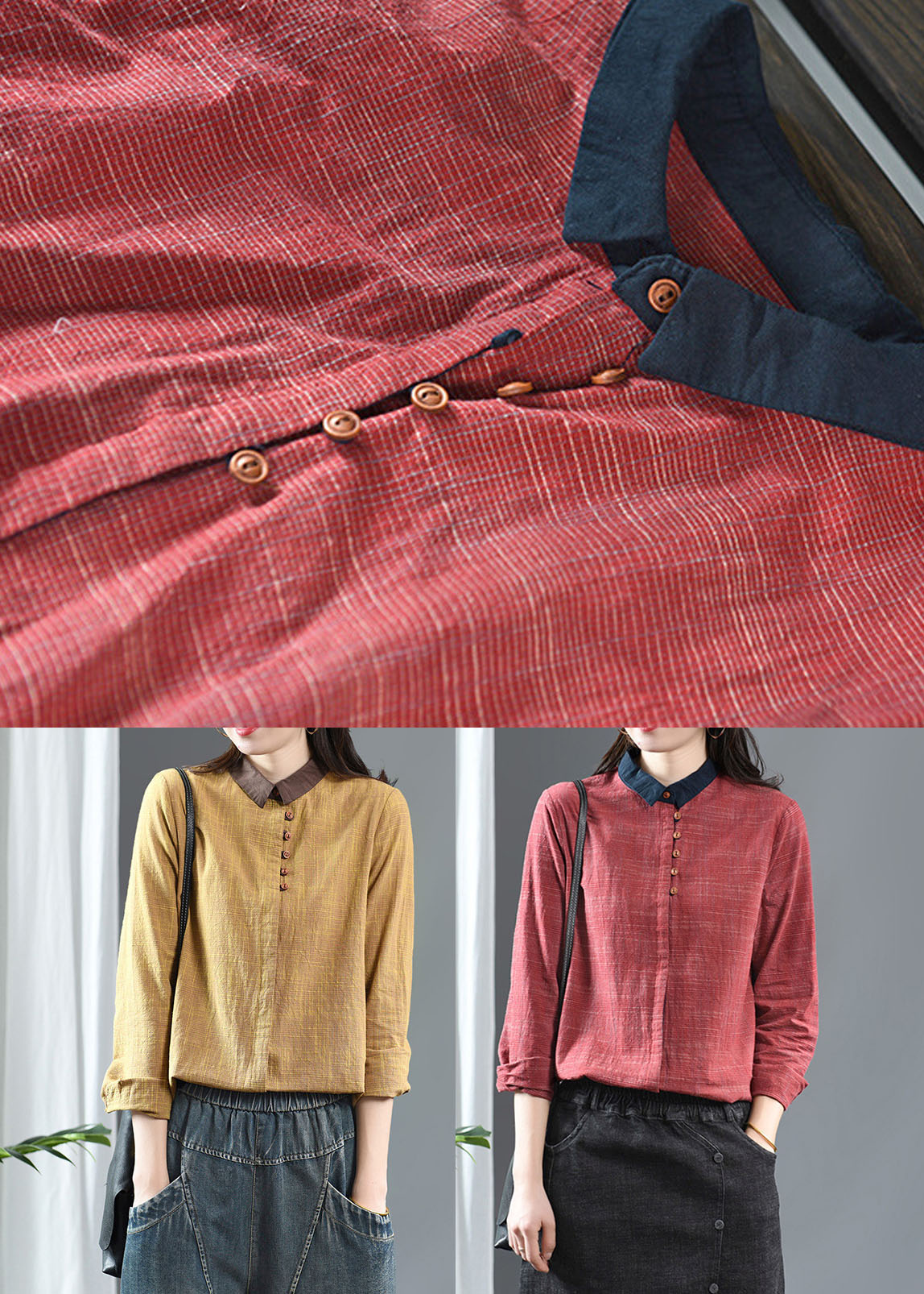 Red Peter Pan Collar Patchwork Cotton Shirt Long Sleeve