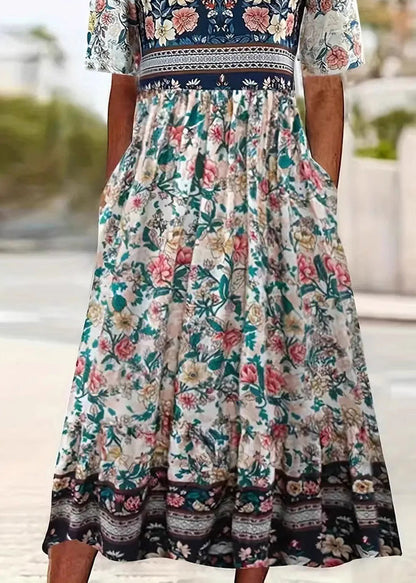 O Neck Print Pockets Cotton Dress Summer