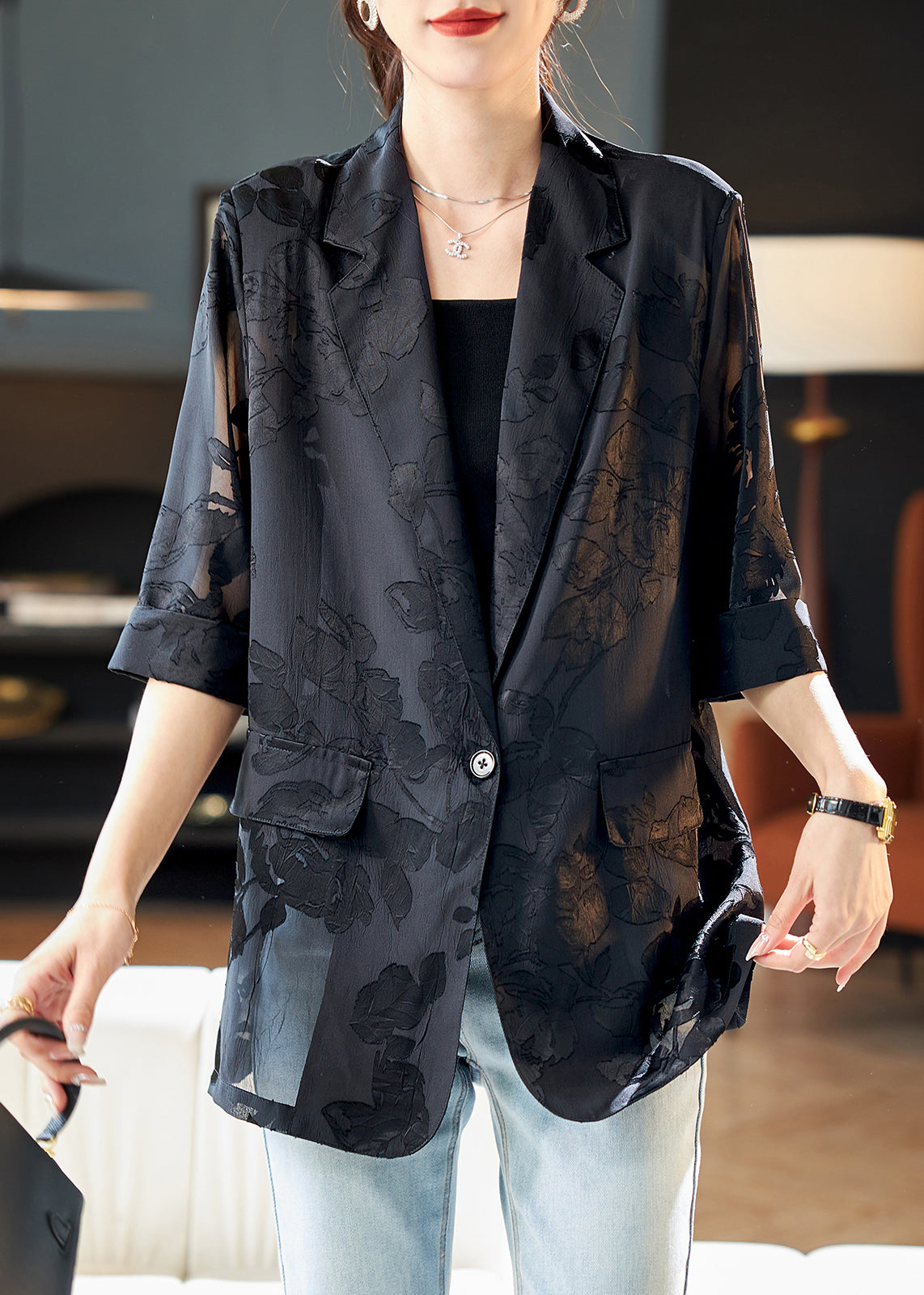 Jacquard Black Notched Button Thin Chiffon Coat Half Sleeve