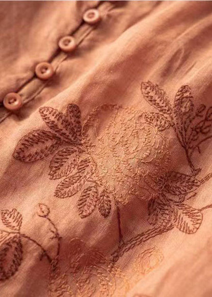Orange Patchwork Linen T Shirt Embroidered O-neck Half Sleeve