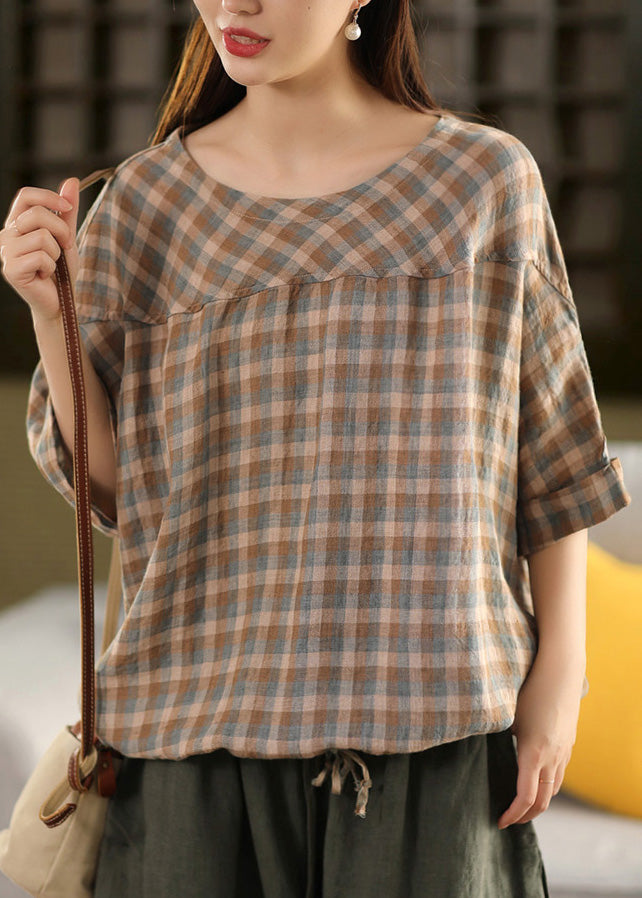 Blue O Neck Plaid Patchwork Linen Top Summer