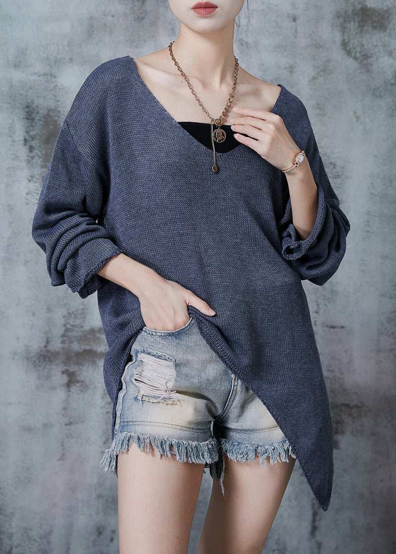 Grey V Neck Asymmetrical Design Knit Sweaters Fall
