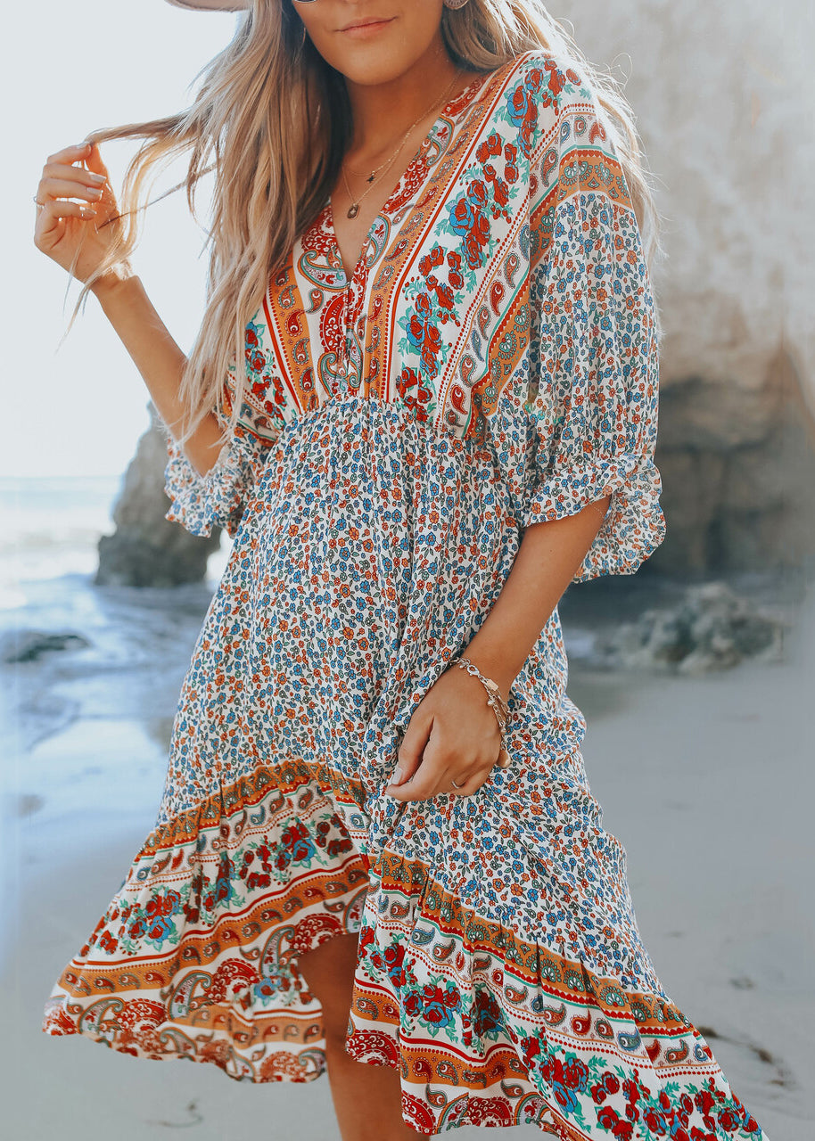 Blue Print V Neck Chiffon Dress Half Sleeve