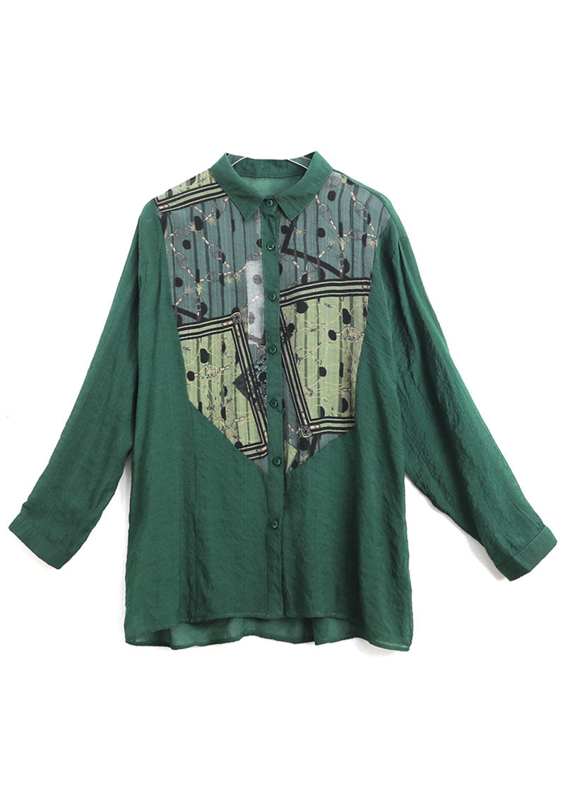 Green Peter Pan Collar Print Patchwork Cotton Blouses Long Sleeve