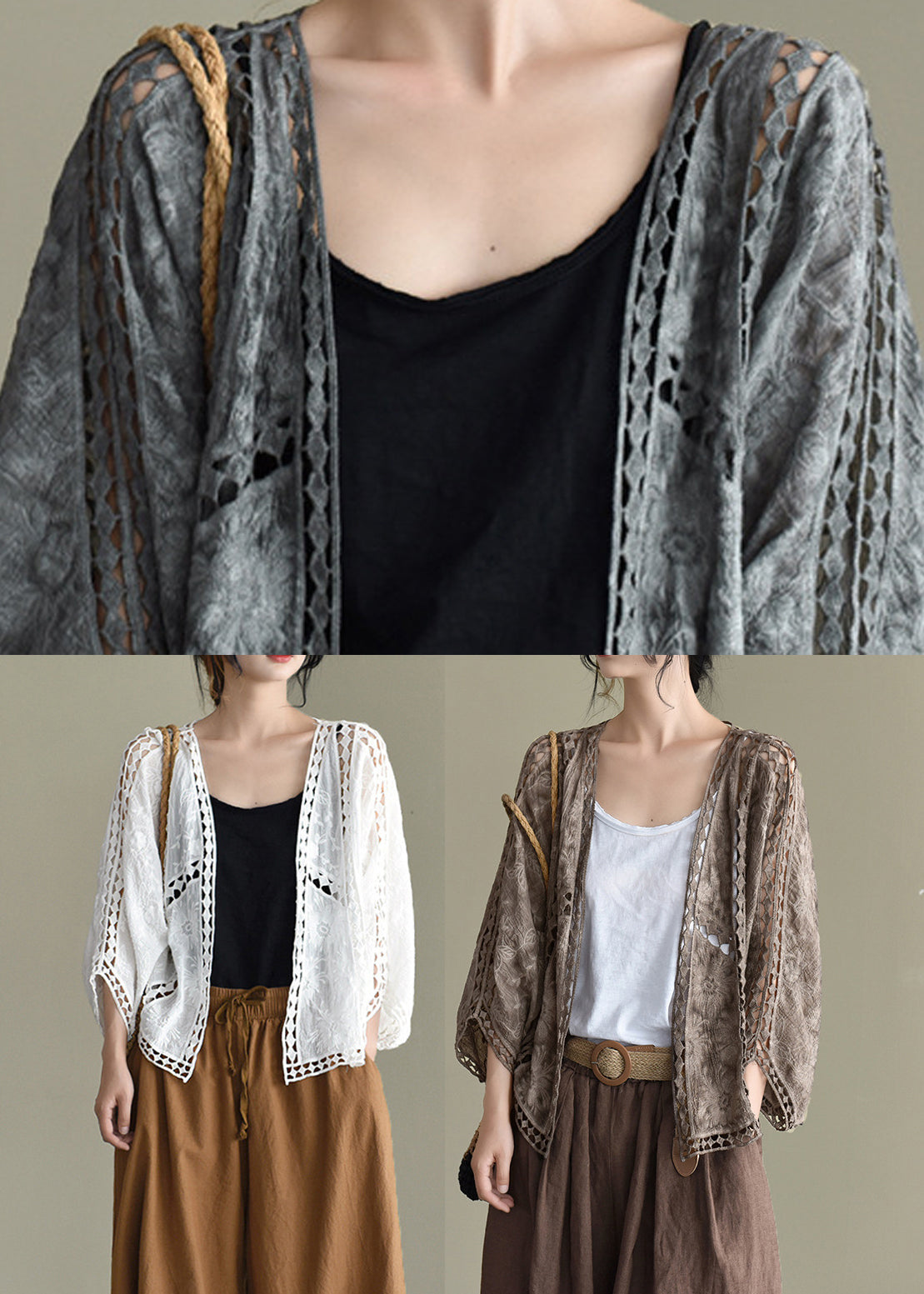 Grey Black Hollow Out Embroideried Cardigans Batwing Sleeve