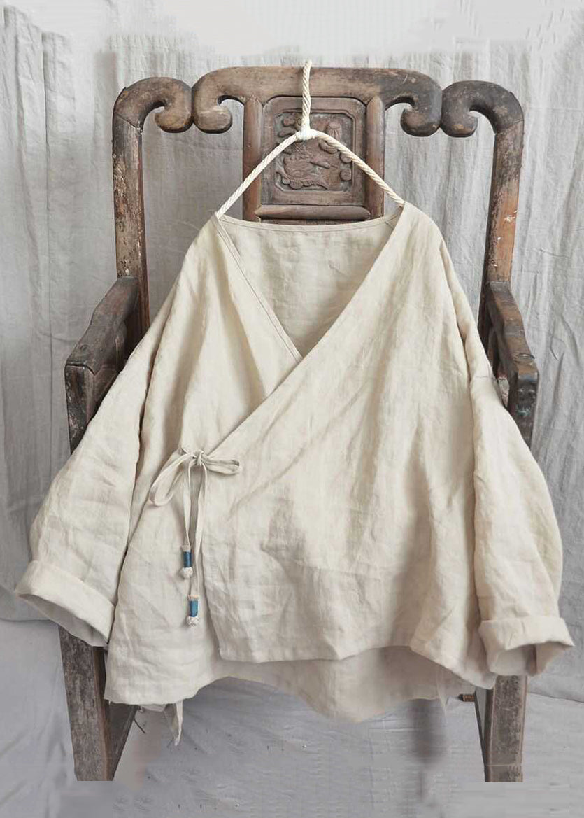 Loose Yellow V Neck Lace Up Linen Shirts Long Sleeve