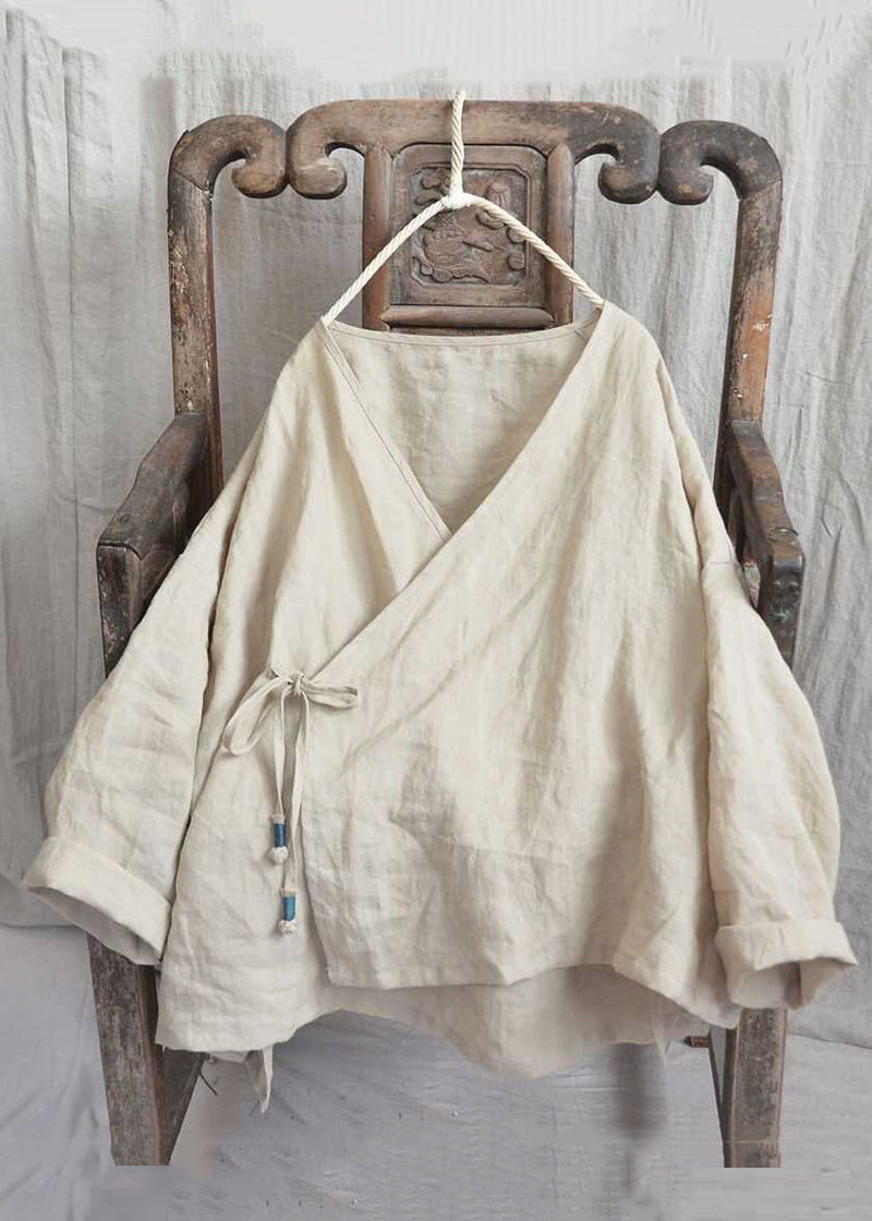 Loose Yellow V Neck Lace Up Linen Shirts Long Sleeve