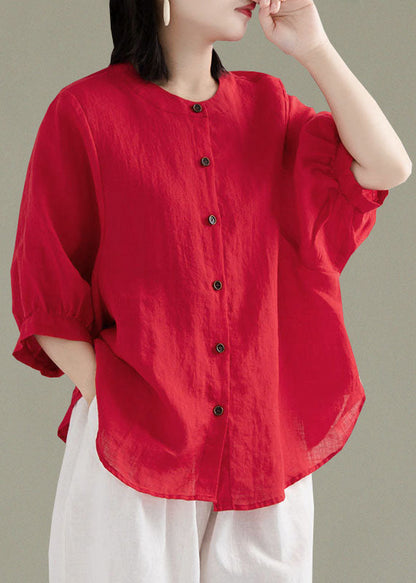 Art Red O-neck Button Linen Loose Shirt Top Lantern Sleeve