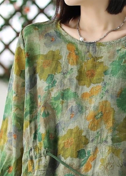 Green O-neck Print Drawstring Tie Waist Ramie Top Long Sleeve