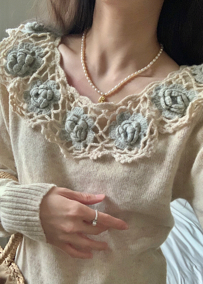 Apricot Hollow Out Patchwork Knit Mid Dress Winter