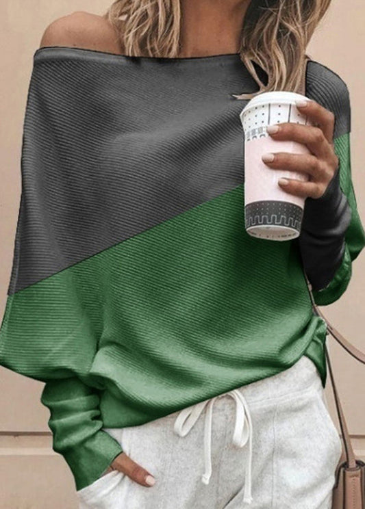 Green O Neck Patchwork Cotton Tops Batwing Sleeve