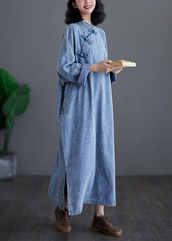 Denim Blue Stand Collar Patchwork Button Side Open Maxi Dresses Spring