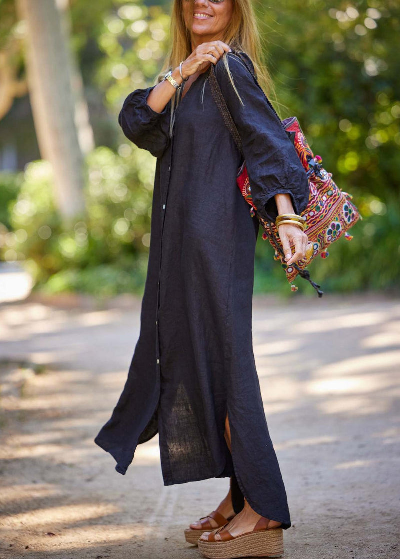 Simple Black V Neck Button Cotton Long Dress Summer