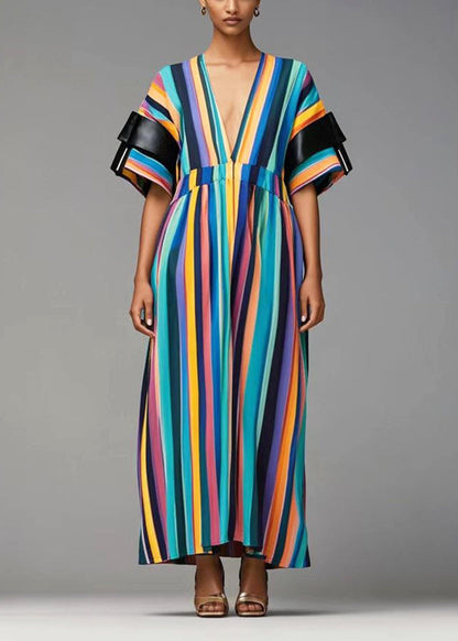 Rainbow Deep-v Neck Striped Cotton Dresses Summer