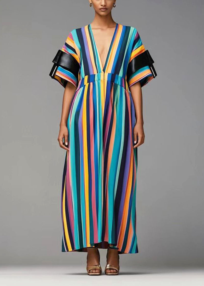 Rainbow Deep-v Neck Striped Cotton Dresses Summer