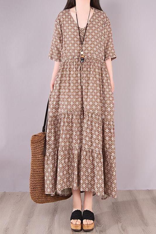 Pleated Lace-up Print Maxi Dress