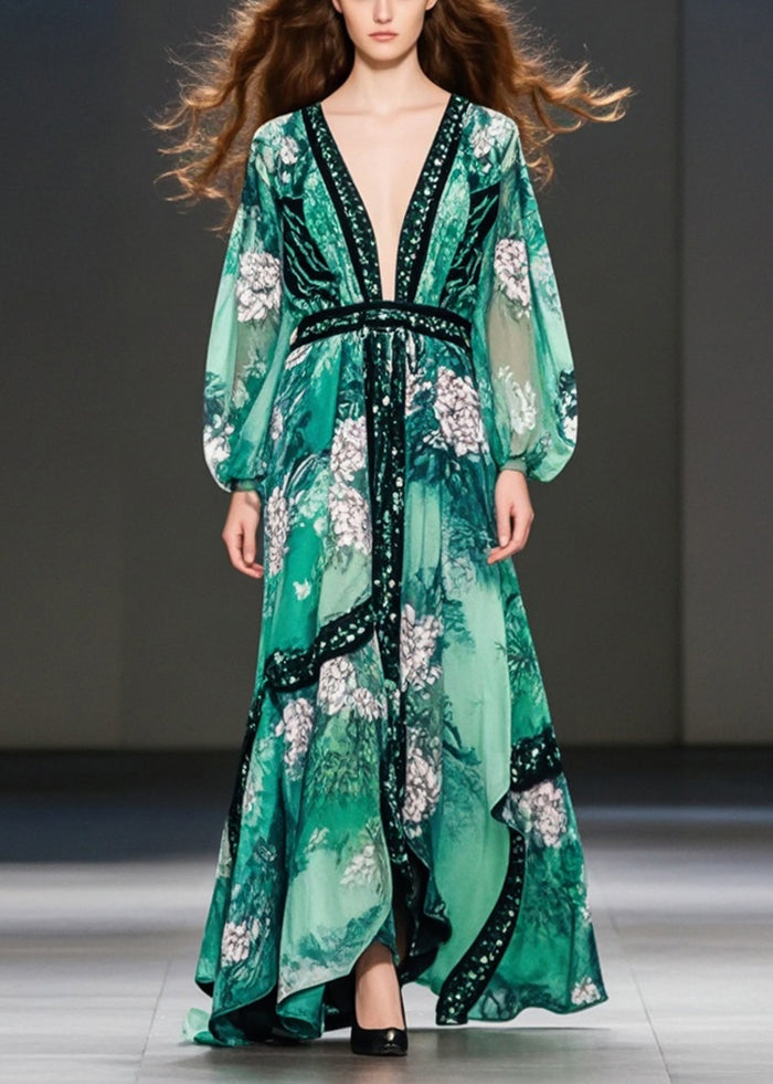 Green Print Chiffon Maxi Dresses Deep-v Neck Fall