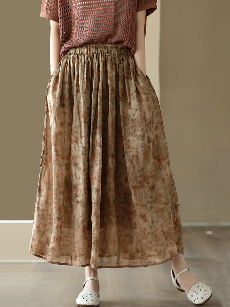 Summer Artsy Drawstring Loose Ramie Skirt
