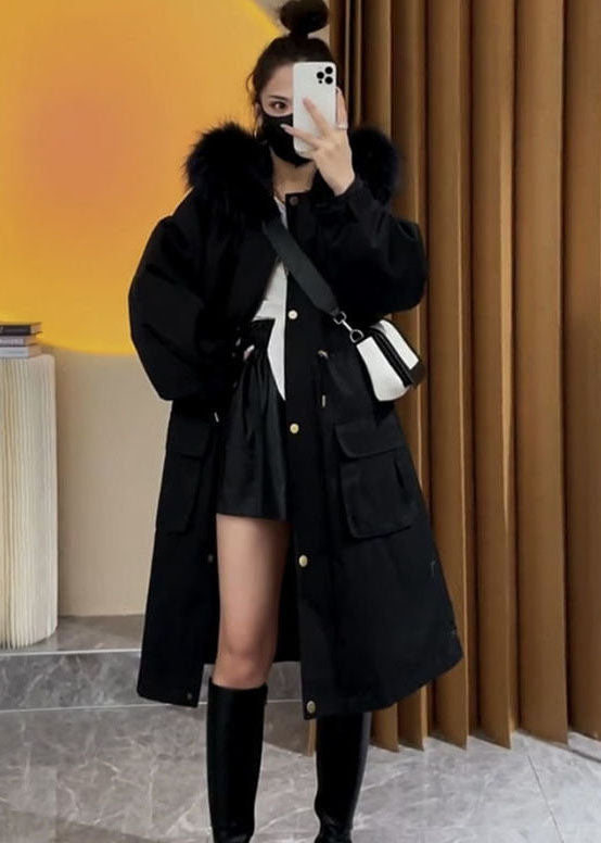 Art Caramel Faux Fur Collar Drawstring Pockets Parka Winter