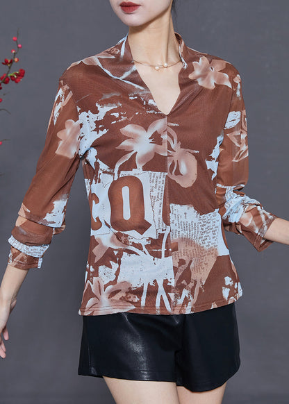Khaki V Neck Print Tulle Shirt Tops Summer
