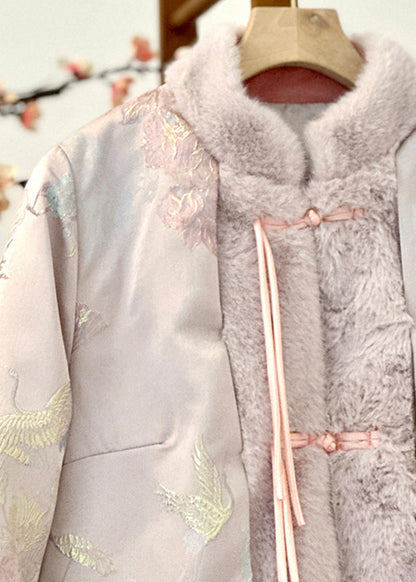 Pink Fur Collar Print Patchwork Parka Winter