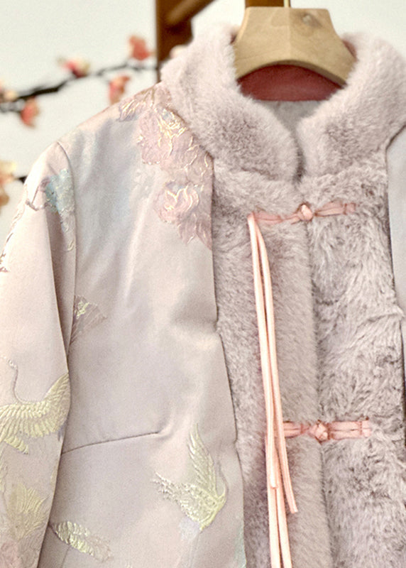 Pink Fur Collar Print Patchwork Parka Winter