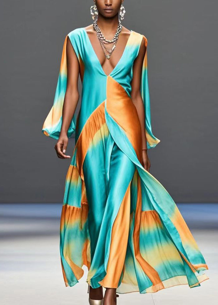 Green Deep-v Neck Patchwork Silk Maxi Dresses Butterfly Sleeve