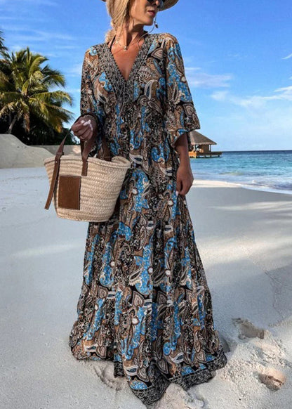 Purple V Neck Print Wrinkled Cotton Maxi Dresses Summer