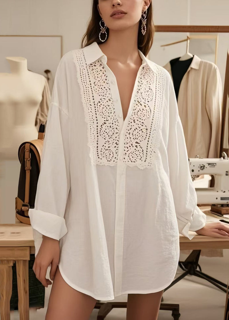 White V Neck Hollow Out Cotton Shirts Spring