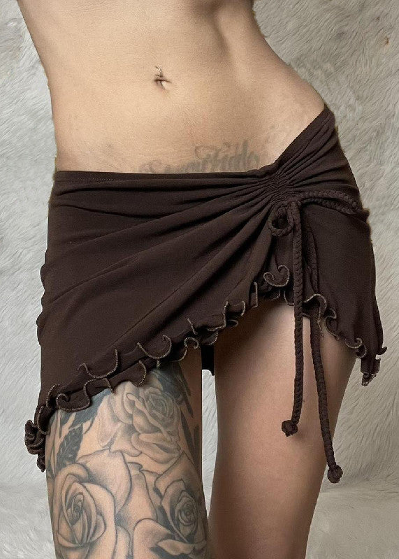 Brown Ruffled Lace Up Cotton Skirt Summer