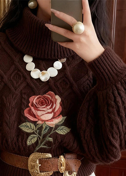 Chocolate Turtleneck Rose Knitted Cotton Sweater Winter