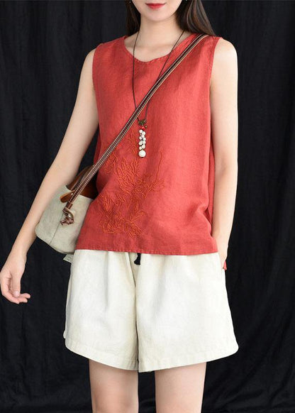 Blue Embroidered Sleeveless Linen Shirt Tops Summer