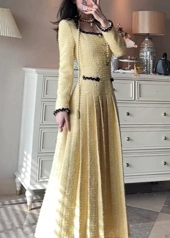 Yellow Square Collar Pleated Dresses Fall