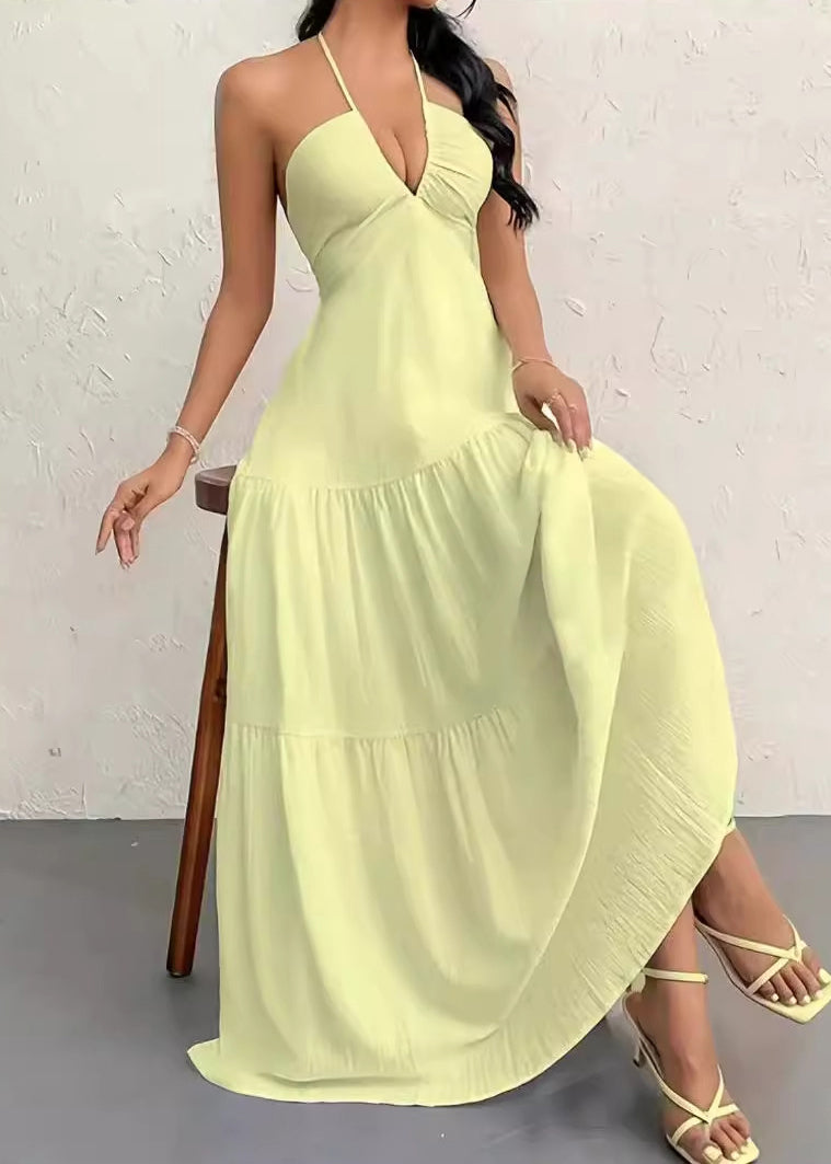 White Wrinkled Patchwork Cotton Halter Dress Sleeveless