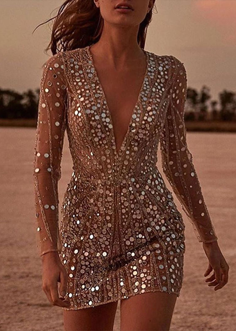 V Neck Sequins Short Party Dresses Fall
