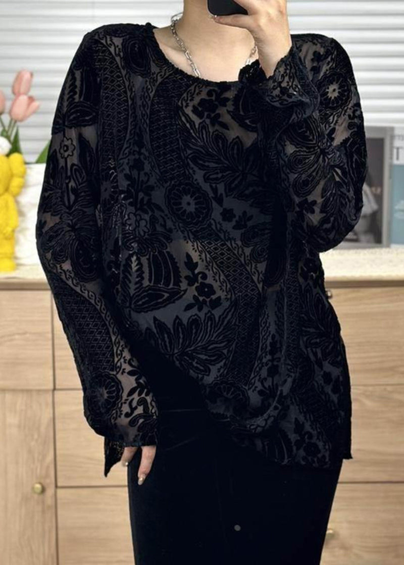 Black O Neck Jacquard Silk Velour Shirt Tops Fall