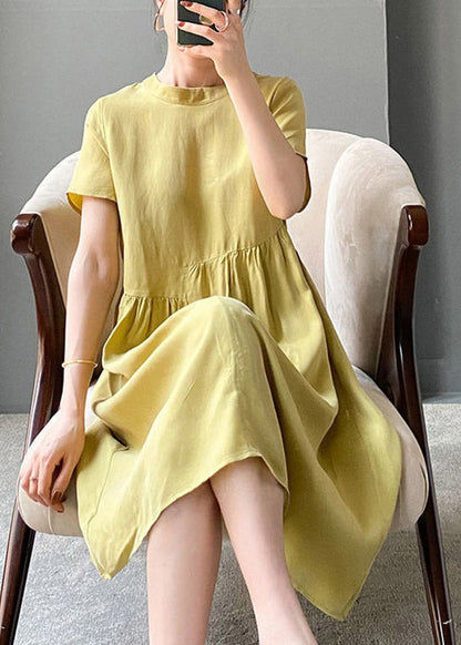 Brief Beige O-neck Patchwork Linen Dress Short Sleeve