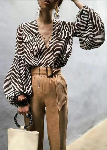 Striped Printed Long Sleeved Lace Up Shirt