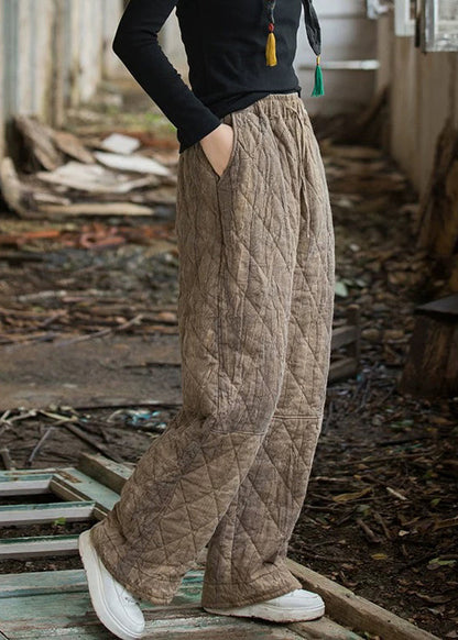 Brown Tie Dye Elastic Waist Cotton Filled Pants Plaid