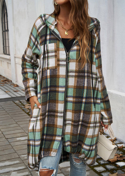 Green Plaid Zippered Pockets Cotton Hooded Coat Fall