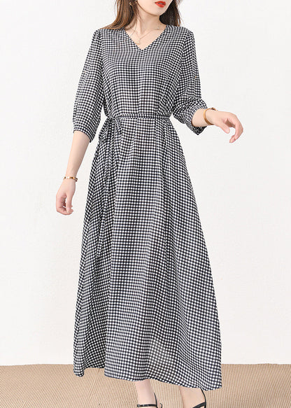 French Plaid Pockets Tie Waist Silk Cotton Long Dresses Half Sleeve