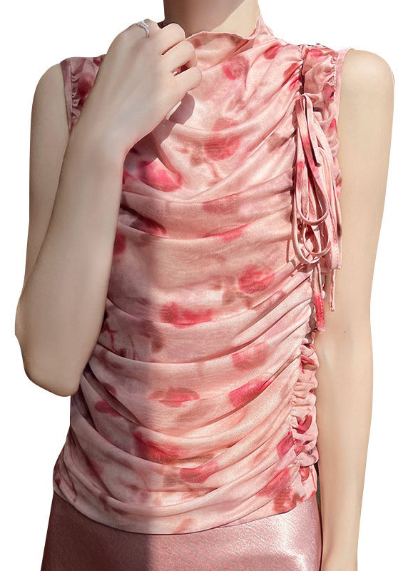 Pink Print Wrinkled Lace Up Tulle Tops Sleeveless