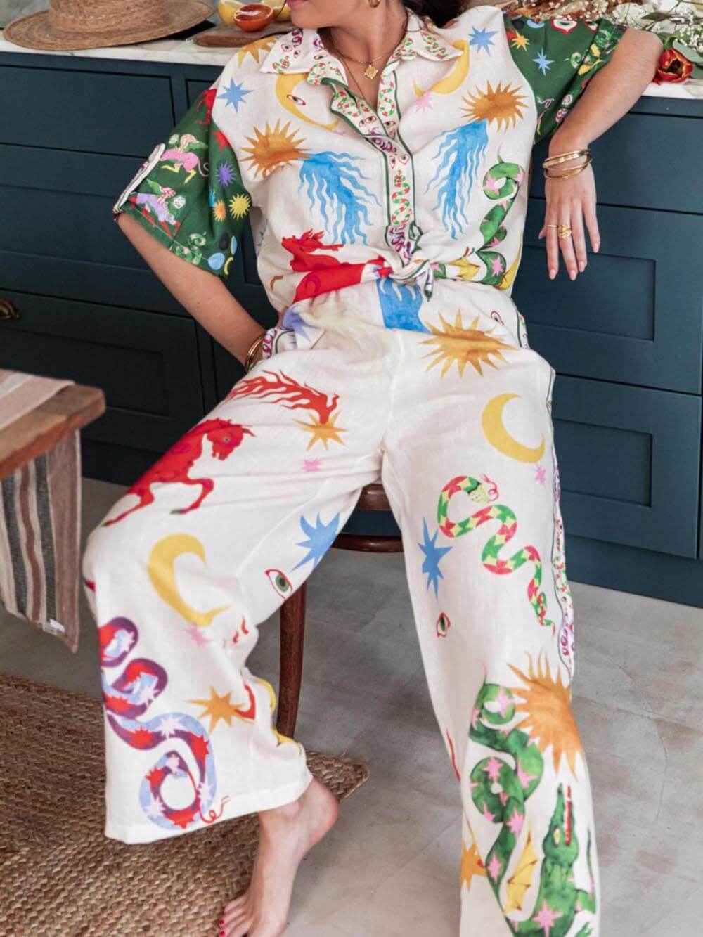 Short Sleeve Unique Print Loose Shirt and Elastic Waist Pants Set