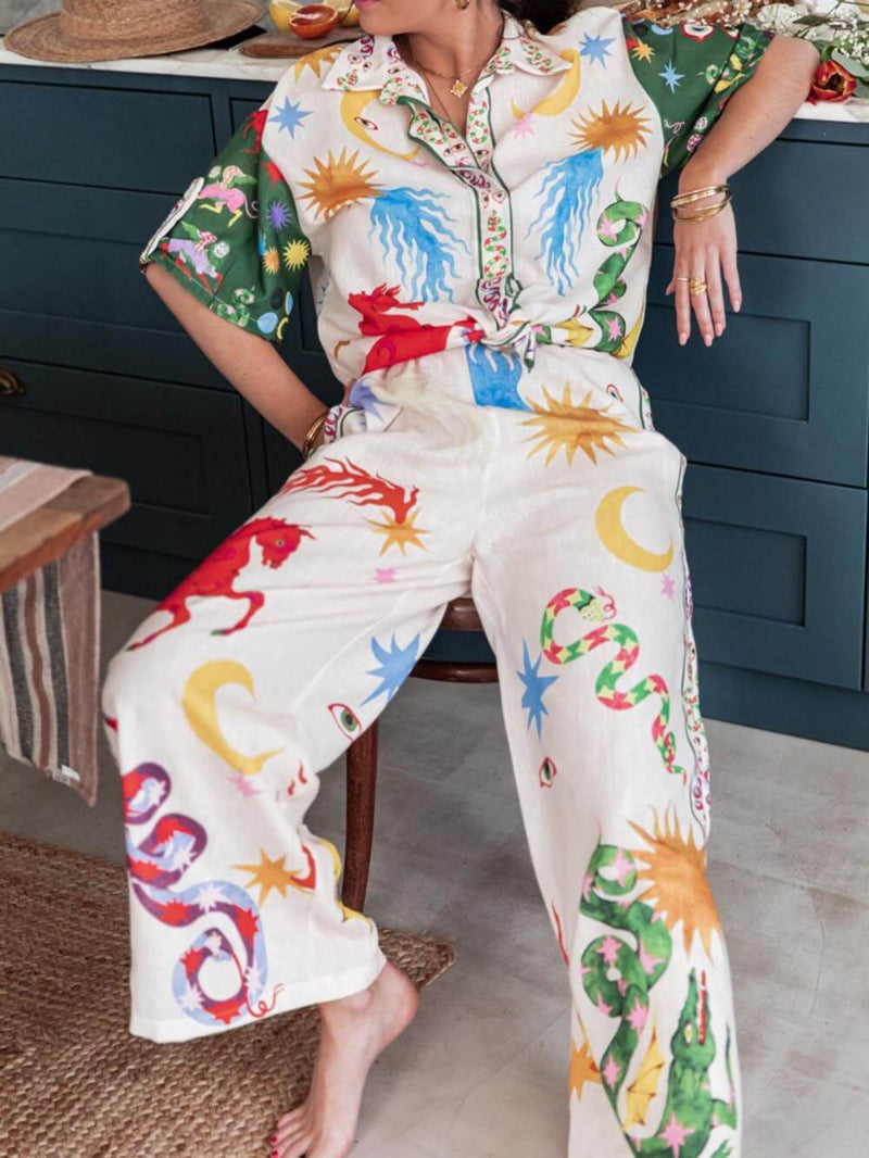 Short Sleeve Unique Print Loose Shirt and Elastic Waist Pants Set